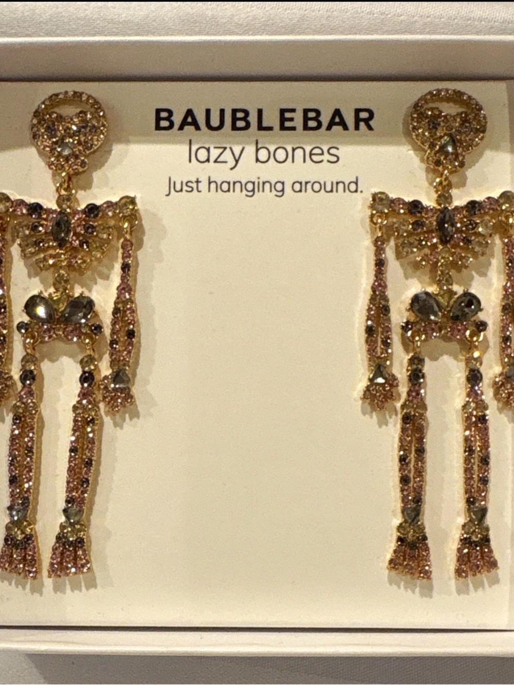 BaubleBar Rose Gold Tone and Multi Color Rhinestone Skeleton Drop Earrings